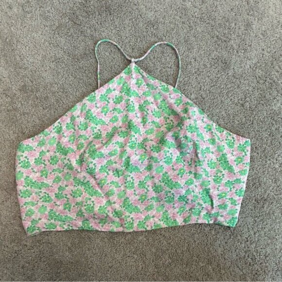 Zara pink green floral flower print halter crop top open back lace up L Summer - Picture 6 of 10